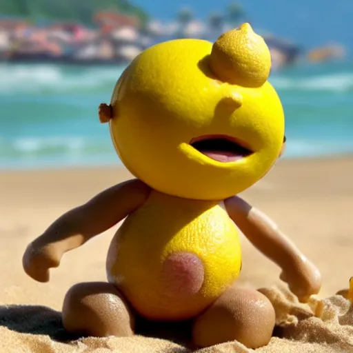 Image similar to a humonid muscular lemon cartoon character, is relaxing on a beach,, inspired by dalle - 2 generations