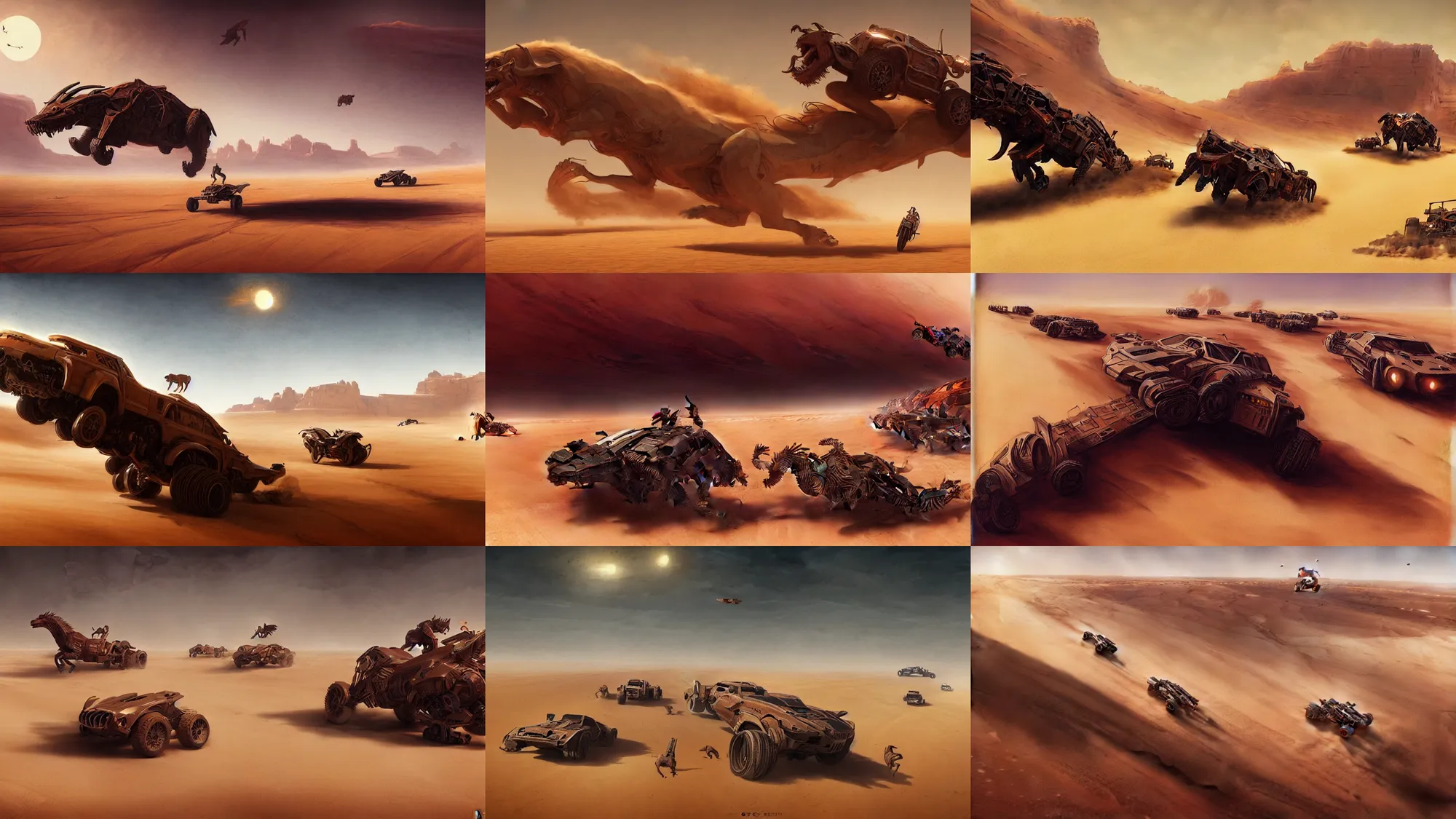 Prompt: beast racing across the open desert, empty desert, sand, wide shot, fantasy art by greg rutkowski