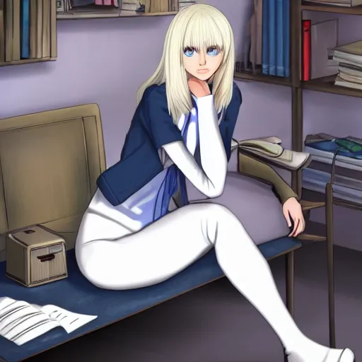 Prompt: platinum - blonde - haired long bob cut blue - eyed princess wearing white leggings and black jacket, sitting in bolshevik office, anime hd, highly detailed, hyperrealistic lighting