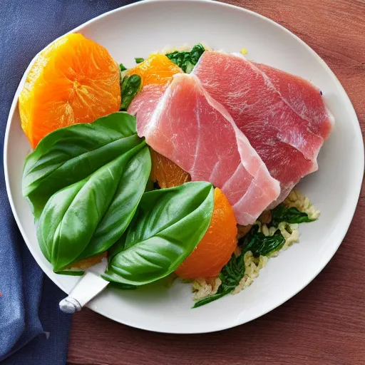 Prompt: rice with oranges, ham and basil