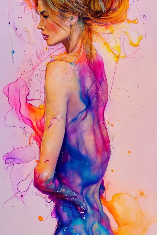 Image similar to sophia vergara by agnes cecile enki bilal moebius, intricated details, 3 / 4 back view, hair styled in a bun, bendover posture, full body portrait, extremely luminous bright design, pastel colours, drips, autumn lights