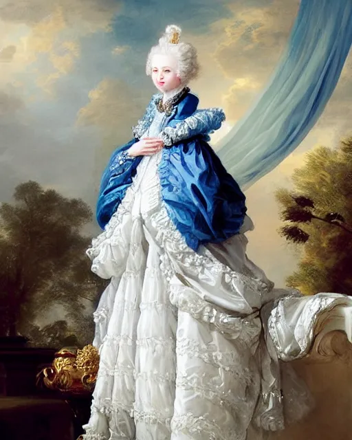 Image similar to cute white cat with blue eyes wearing frilly dress, baroque rococo fashion, royal portrait, elegant, regal, joseph ducreux, greg rutkowski