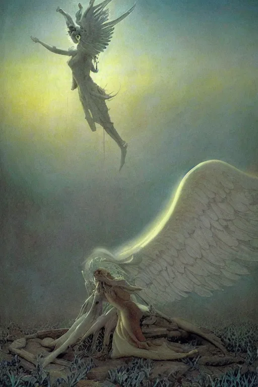 Image similar to giant white glowing angel rising above fallen demon lying on the foggy ground by wayne barlowe, wes anderson, arnold bocklin, roger dean, mikalojus konstantinas ciurlionis, mikhail vrubel and wadim kashin, rich moody colours, 9 0 - s anime, ethereal, lo - fi retro videogame