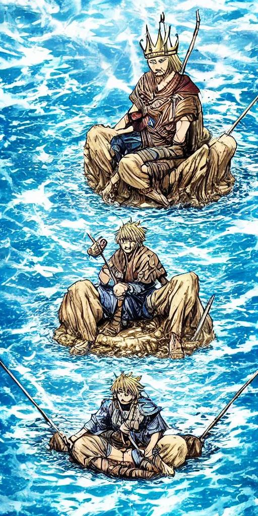 Image similar to a lone king sitting on a throne floating on water in the middle of a lake drawn by Makoto Yukimura in the style of Vinland saga anime, full color