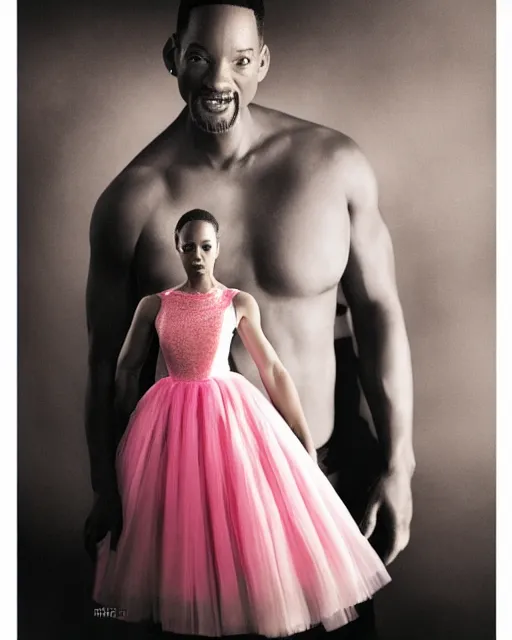 Image similar to will smith wearing a pink ballerina dress, dramatic lighting, digital art, artgerm, restoration, candid portrait by annie leibowitz