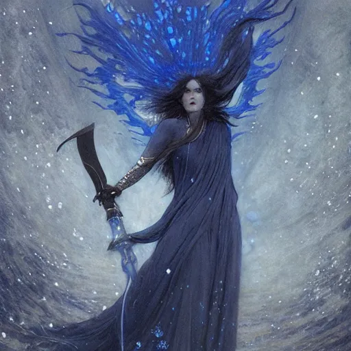 Prompt: a ghastly banshee holding a sword made of blue fire in one hand and a crystal chime in the other floating in the air in the middle of a swirling blizzard, digital painting by greg rutkowski and carlos schwabe