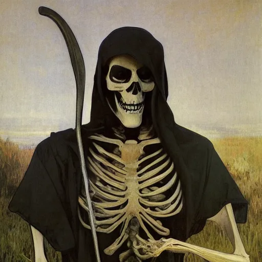 Prompt: the grim reaper, skeleton, oil painting, canvas, paul delaroche, alphonse mucha, arnold böcklin, hermann hendrich, very detailed