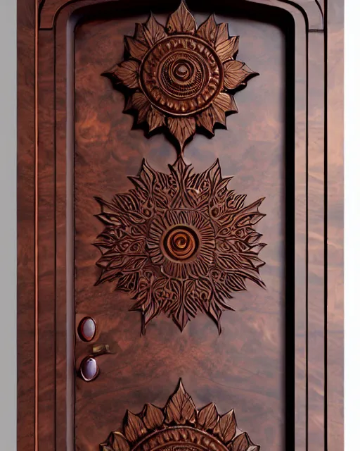 Image similar to celestial door with cosmic inscriptions glowing, mahogany burl wood door with intricate ivory carved flowers, gilding, artstation, sylvain sarrailh, 3 d