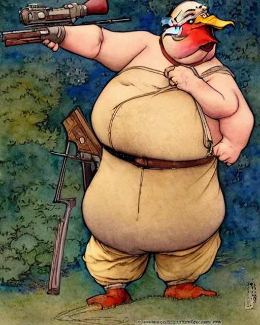 Prompt: a realistic and atmospheric watercolour fantasy character concept art portrait of a fat adorable dirty chibi duck wearing a wife beater and aiming a rifle, by rebecca guay, michael kaluta, charles vess and jean moebius giraud