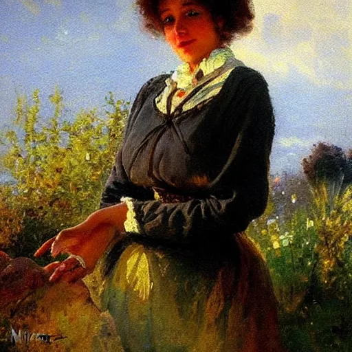 Image similar to a portrait of a young woman in a scenic environment by nikolay makovsky