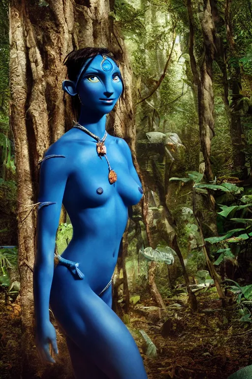 Prompt: photograph of a blue-skinned female navi from avatar standing in a forest, high resolution film still, 8k, HDR colors, cosplay, outdoor lighting, photo by bruce weber