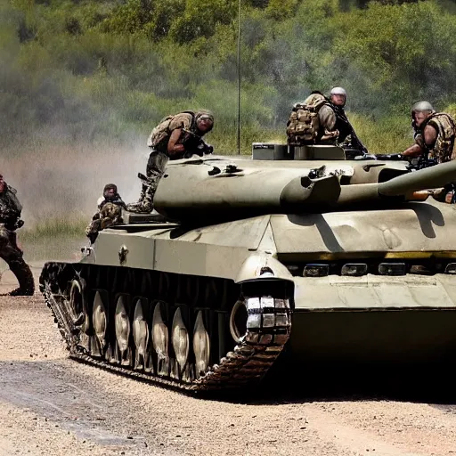 Image similar to Gruesome photo of British mercenaries wearing grey body armor retreating from a tank, photo by Adam Ferguson, Pulitzer Winning, cinematic composition, breathtaking, modern, 2022