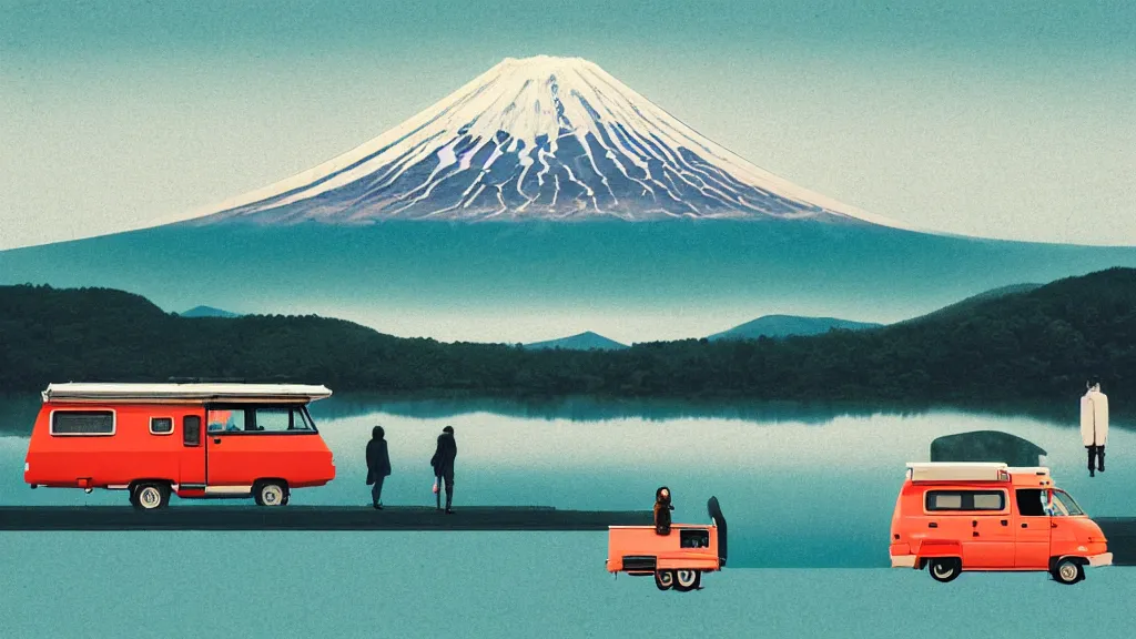 Prompt: a scene of two travellers and their camper touring at the edge of yamanaka lake, reflecting mount fuji, japan, a collage painting, in the style of wes anderson, lola dupre, david hockney, isolated on negative white space background dark monochrome neon spraypaint accents volumetric octane render