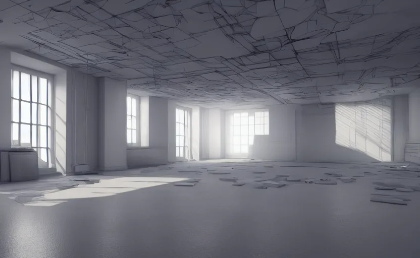 Prompt: empty room, big open floor, large colourful 3 d shapes, unreal engine and v - ray render.