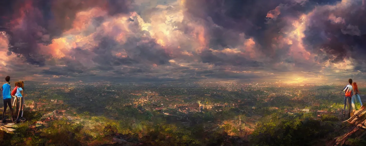 Prompt: Colorful dramatic puffy clouds, 3 Inner city teens standing on the edge of a cliff overlooking a forest, Glowing city on the horizon, matte painting, concept art, 4K