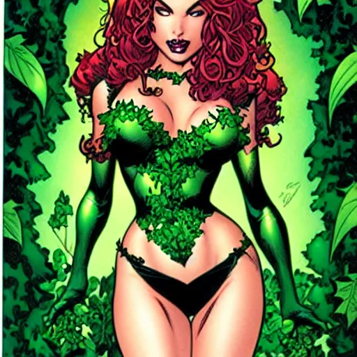 Image similar to Poison Ivy, comic portrait by J Scott Campbell, intricate details, vintage comic book cover scan