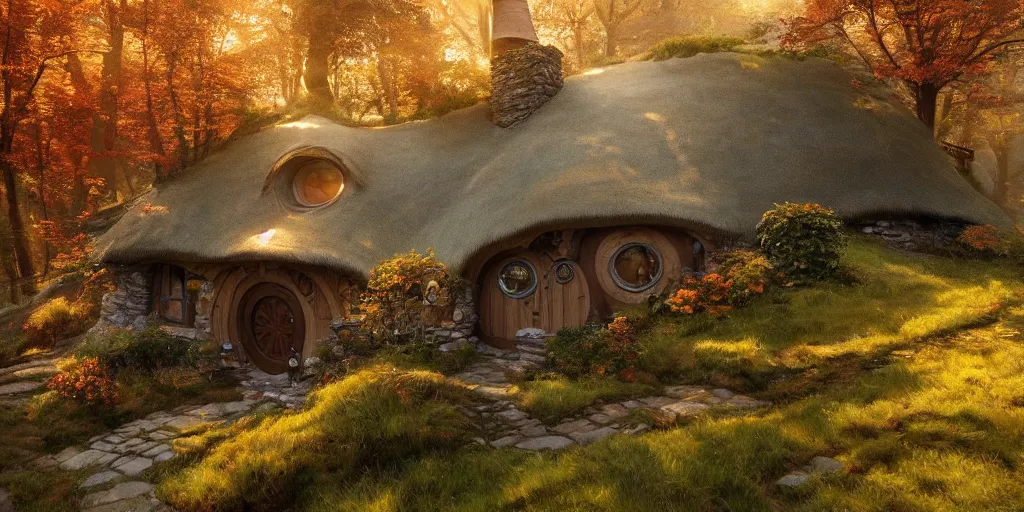 Image similar to a hobbit cottage on top of a steep hill, greg rutkowski, zabrocki, moebius, karlkka, jayison devadas, highly detailed, autumn sunlights, smoky atmosphere, ( ray of sunlight ), trending on artstation, 8 k, ultra wide angle, zenith view, pincushion lens effect