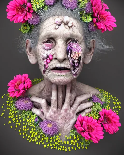 Image similar to a portrait of a beautiful fleshy old woman who is surprised she is still alive, covered in flowers in the style of guiseppe arcimboldo and james jean, covered in wispy gray hair with a hint of neon, hd 3 d, 8 k