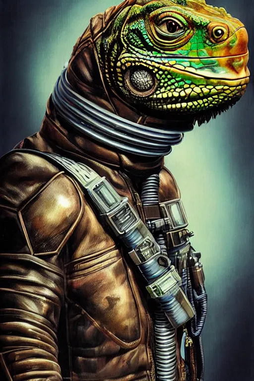 Image similar to a portrait of a muscular anthropomorphic cyberpunk iguana! in leather spacesuit armor with a large head by sandra chevrier, by jon foster, detailed render, pistol in holster, tape deck, epic composition, cybernetics, 4 k realistic, cryengine, realistic shaded lighting, sharp focus, masterpiece, by enki bilal