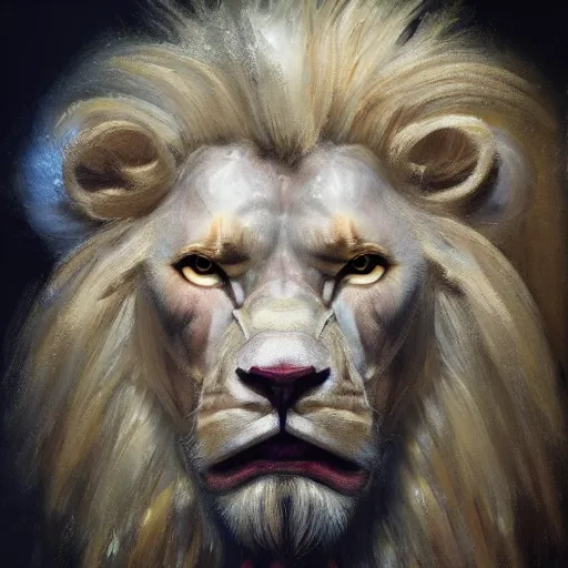 Image similar to aesthetic portrait commission of a of a muscular male fully furry anthro albino lion cybernetic, highly detailed oil painting, impasto brush strokes, soft light, 8 k, cyberpunk colour palette, dramatic composition, dramatic lighting, sharp focus, masterpiece, by adrian ghenie and jenny saville and zhang jingna