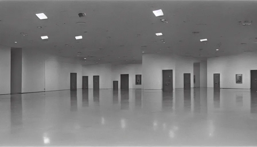 Image similar to 60s movie still of a sovietic stalinist style empty art museum with a soviet congress with yellow wall, AGFA APX 100, liminal Space style, heavy grain