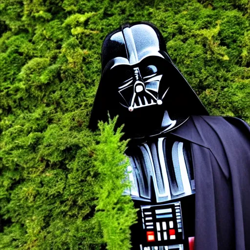 Prompt: Darth Vader covered in ivy and moss, in an overgrown garden