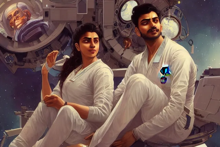 Image similar to Sensual good looking pale young Indian doctors wearing jeans in a space station above Earth performing surgery, portrait, elegant, intricate, digital painting, artstation, concept art, smooth, sharp focus, illustration, art by artgerm and greg rutkowski and alphonse mucha