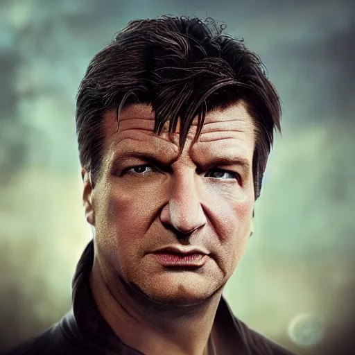 Prompt: Very very very very highly detailed epic central composition photo of Nathan Fillion face, intricate, dystopian, sci-fi, extremely detailed, digital painting, smooth, sharp focus, illustration, intimidating lighting, incredible art by Brooke Shaden, artstation, concept art, Octane render in Maya and Houdini