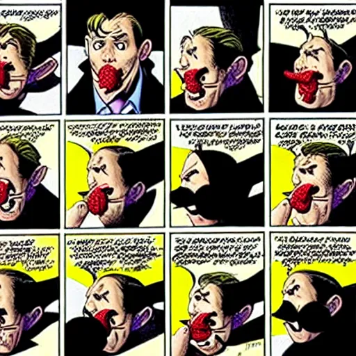 Image similar to drawing gotham city's finest investigative reporter jack ryder with 1 4 tiny jokers all in his mouth, 4 k art by brian bolland, graphic novel art