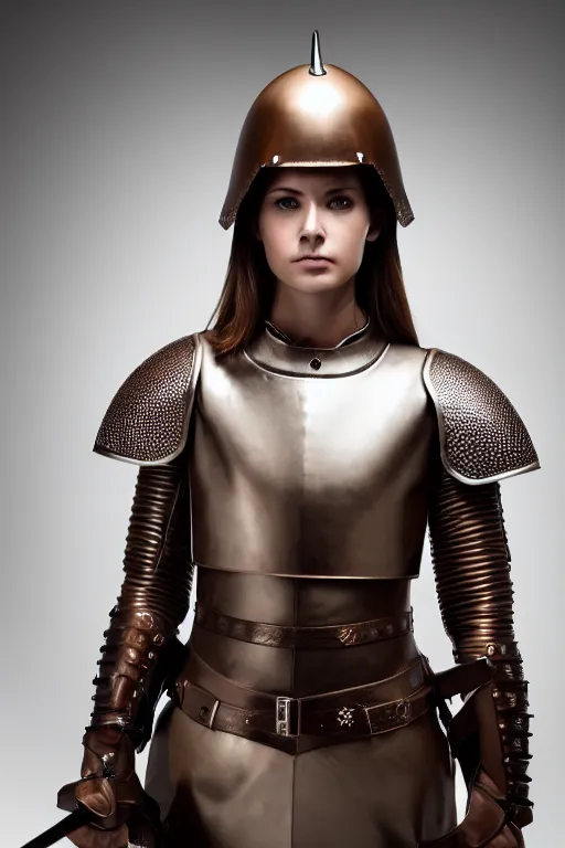 Prompt: female medieval soldier wearing leather armor, brown hair, by louis vuitton, luxury materials, symmetrical, cinematic, elegant, professional studio light, real dlsr photography, sharp focus, 4 k, ultra hd, sense of awe, high fashion