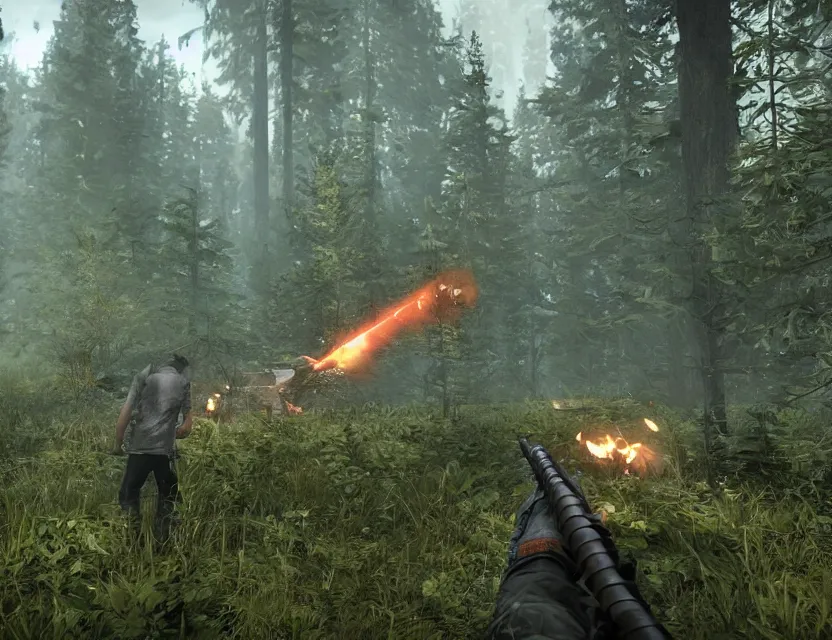 Image similar to a the forest game screenshot with a crashed plane, player is holding a lighter. ultra realistic