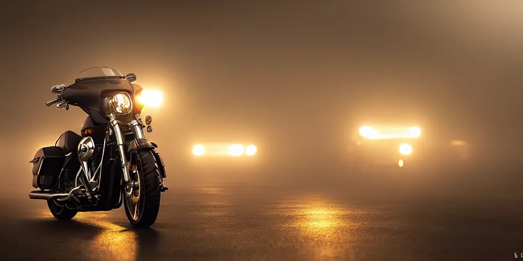 Image similar to Harley Davidson , fog, rain, volumetric lighting, beautiful, golden hour, sharp focus, ultra detailed, cgsociety
