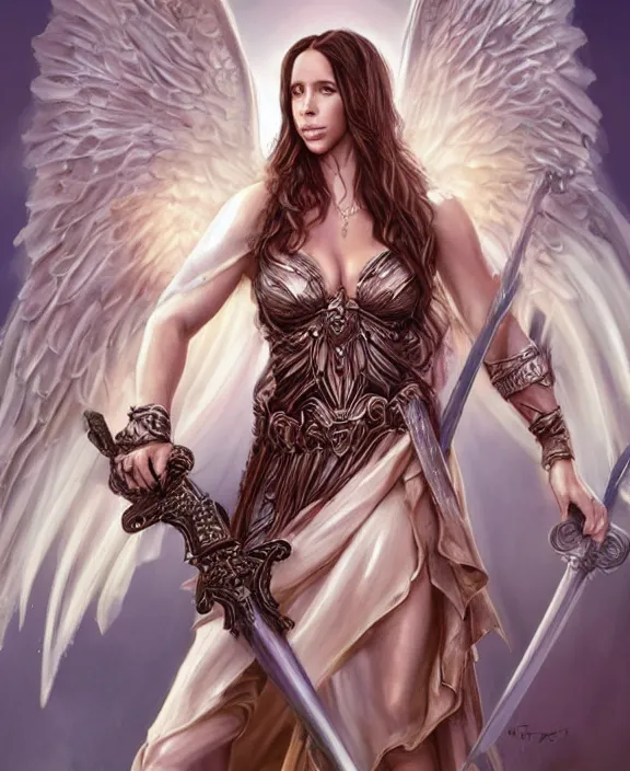 Prompt: full body design of jennifer love hewitt a pretty female angel holding a sword with both hands while flying, body covered in religious tattoos glowing, white iridescent angel wings opened, d & d, fantasy, highly detailed, digital art, trending on artstation, smooth, sharp focus, illustration, art by peter tang and artgem
