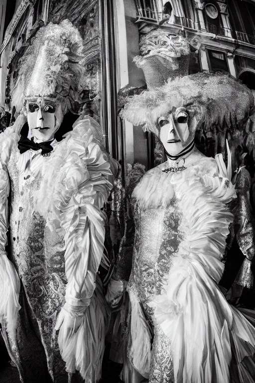 Image similar to a portrait photo of two persons dressed for the carnival of Venice, creepy, edvard munch, wide angle, contemporary and recent