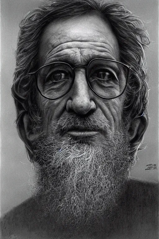 Image similar to portrait of Steven Spielberg by Zdzislaw Beksinski