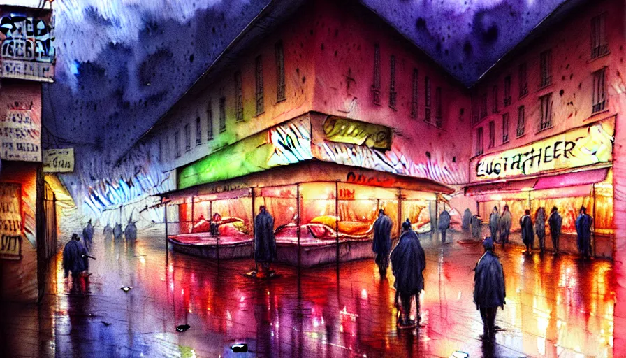 Prompt: watercolor painting of a butcher shop, raining, busy street, romantisism, outrun, pastel colors, painting, moody, detailed, by android jones