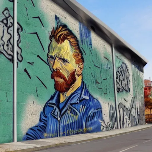 Prompt: a realistic looking concrete wall in a city featuring a realistic graffiti painting of a vincent van gogh self - portrait