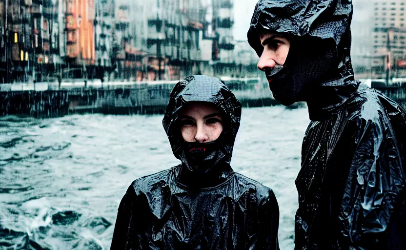 Image similar to cinestill 5 0 d candid photographic portrait by helen levitt of two european mail androids wearing rugged black mesh techwear in treacherous waters, extreme closeup, modern cyberpunk moody depressing cinematic, pouring rain, 8 k, hd, high resolution, 3 5 mm, f / 3 2, ultra realistic faces, ex machina