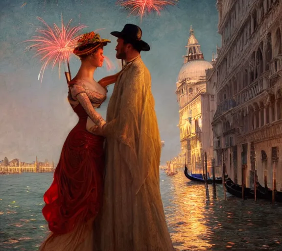 Image similar to photography of a 1 8 th couple in venice with fireworks, deep focus, intricate, elegant, highly detailed, digital painting, artstation, concept art, matte, sharp focus, illustration, art by artgerm and greg rutkowski and alphonse mucha and gil elvgren