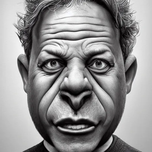 Image similar to Caricature portraits done of Gene Ween, realistic, hyperrealistic, very realistic, highly detailed, very detailed, extremely detailed, detailed, oil painting, digital art, trending on artstation