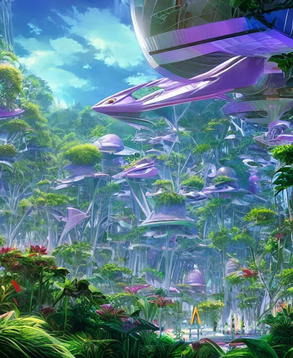 Prompt: simplicity, an amusement park made out of sleek asymmetrical organic creatures, in the style of an aerodynamic spaceship, overgrown with orchids, partly cloudy, sun - drenched, dramatic lighting, by dan mumford, yusuke murata, makoto shinkai, ross tran, cinematic, unreal engine, cel shaded, featured on artstation, pixiv