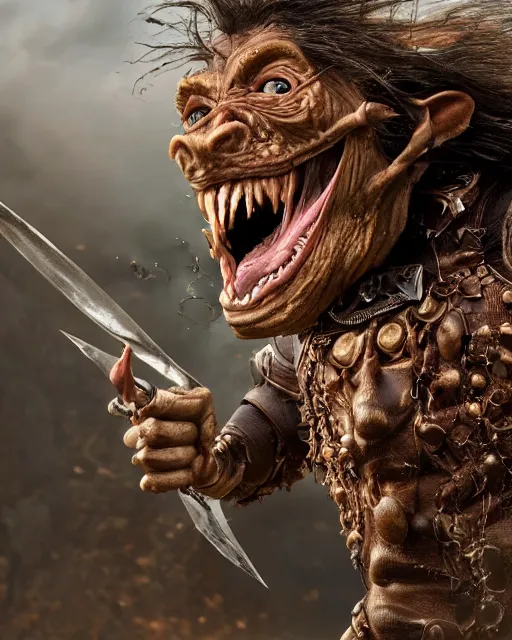 Prompt: highly detailed portrait of a movie goblin, attacking a human warrior with natural brown hair and leather armor. depth of field, breathtaking, detailed and intricate environment, 8 k resolution, hyperrealistic