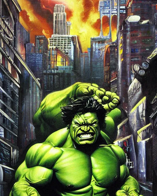 Prompt: a moody painting of the incredible hulk looking angry as he bursts through a wall at noon in a city by joe jusko.