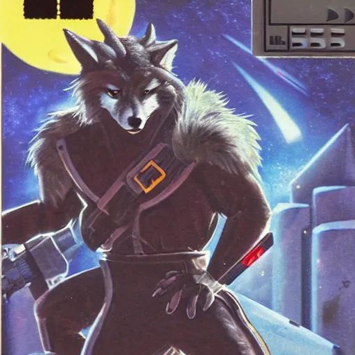 Image similar to 1 9 8 0 s video game art of anthropomorphic wolf o'donnell from starfox fursona furry wolf in a dark space mercenary uniform, looking heroic, magazine scan, 8 0 s game box art, dark grey wolf o'donnell