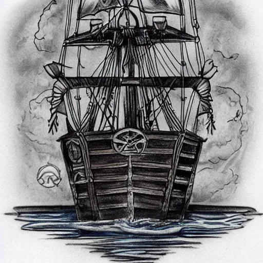 Image similar to realism tattoo design sketch of a pirate ship, by Da Ink