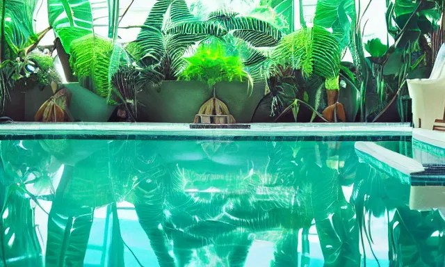 Image similar to indoor pool with ferns and palm trees, pool tubes, chromatic abberation, dramatic lighting, depth of field, 80s photo