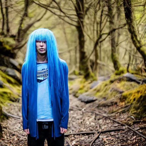 Prompt: rimuru tempest, young man blue hair,!!!!! yellow eyes!!!!! canon eos r 3, f / 1. 4, iso 2 0 0, 1 / 1 6 0 s, 8 k, raw, unedited, symmetrical balance, in - frame