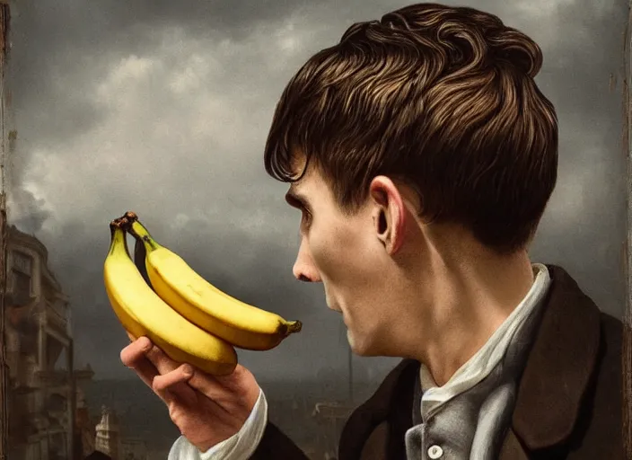 Image similar to thomas shelby in the form of a banana, lowbrow, matte painting, 3 - d highly detailed, in the style of mark ryden,