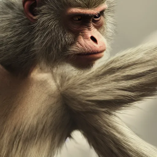 Image similar to Photography of ultra mega super hyper realistic detailed monkey by Hiromasa Ogura . Photo made from 30 meters distance on Leica Q2 Camera, Rendered in VRAY and DaVinci Resolve and MAXWELL and LUMION 3D, Volumetric natural light. Wearing cyberpunk suit with many details by Hiromasa Ogura .Rendered in VRAY and DaVinci Resolve and MAXWELL and LUMION 3D, Volumetric natural light