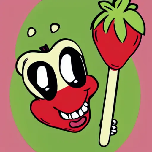 Image similar to a cute strawberry character with two front teeth, holding a yellow toothbrush, in the style of tara mcpherson